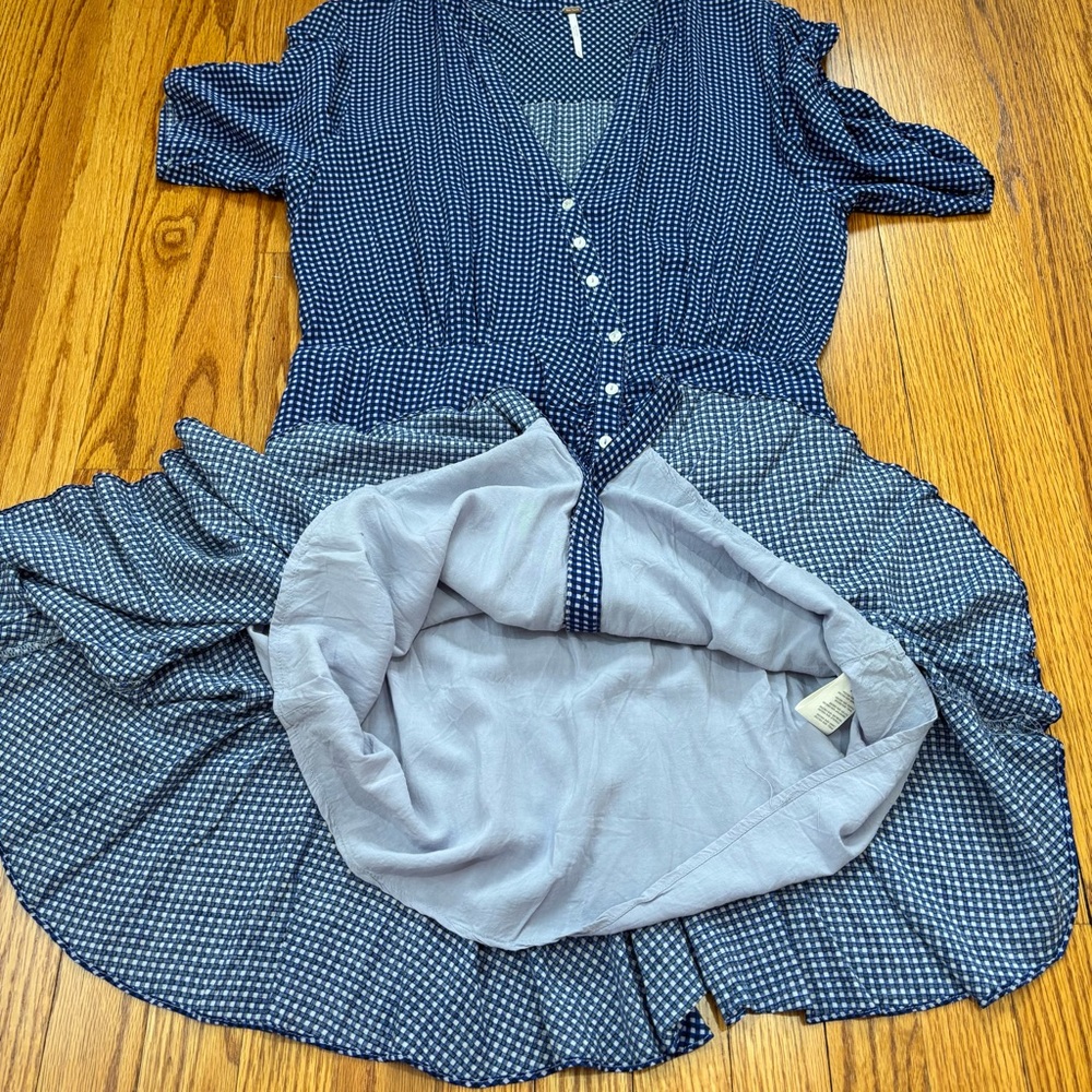 Free People boho rippa ruffle sleeve button up V-nek blue white gingham dress XL - Picture 13 of 16
